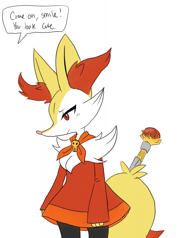 anthro clothed clothing cosplay dress female frown inner_ear_fluff looking_down red_eyes sad simple_background solo text tuft wand weapon white_background angelicmissmarie nintendo pokemon warioware ashley_(warioware) braixen canid canine generation_6_pokemon mammal pokemon_(species) english_text hi_res