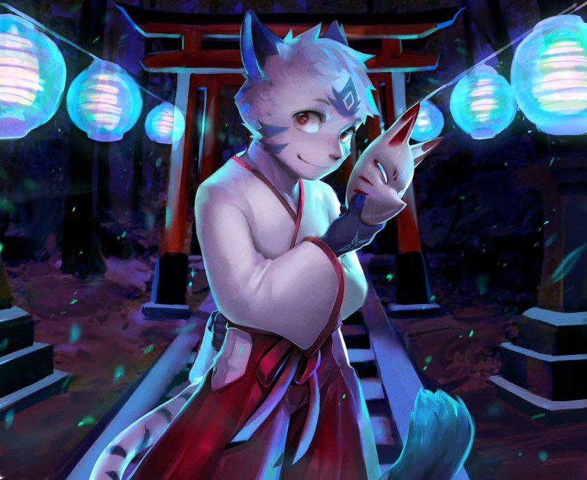 animal_mask anthro asian_clothing blue_stripes blush bottomwear clothing detailed_background east_asian_clothing forest forest_background fox_mask front_view hair hakama holding_mask japanese_clothing kosode lamp lantern light looking_at_viewer male mask miko_outfit nature nature_background night paper_lantern particles plant red_eyes smile solo stairs standing stripes torii tree white_hair mawarisaka3 yuuto_(shinotorayuto) felid mammal pantherine tiger 2022 digital_media_(artwork) digital_painting_(artwork) lighting portrait three-quarter_portrait