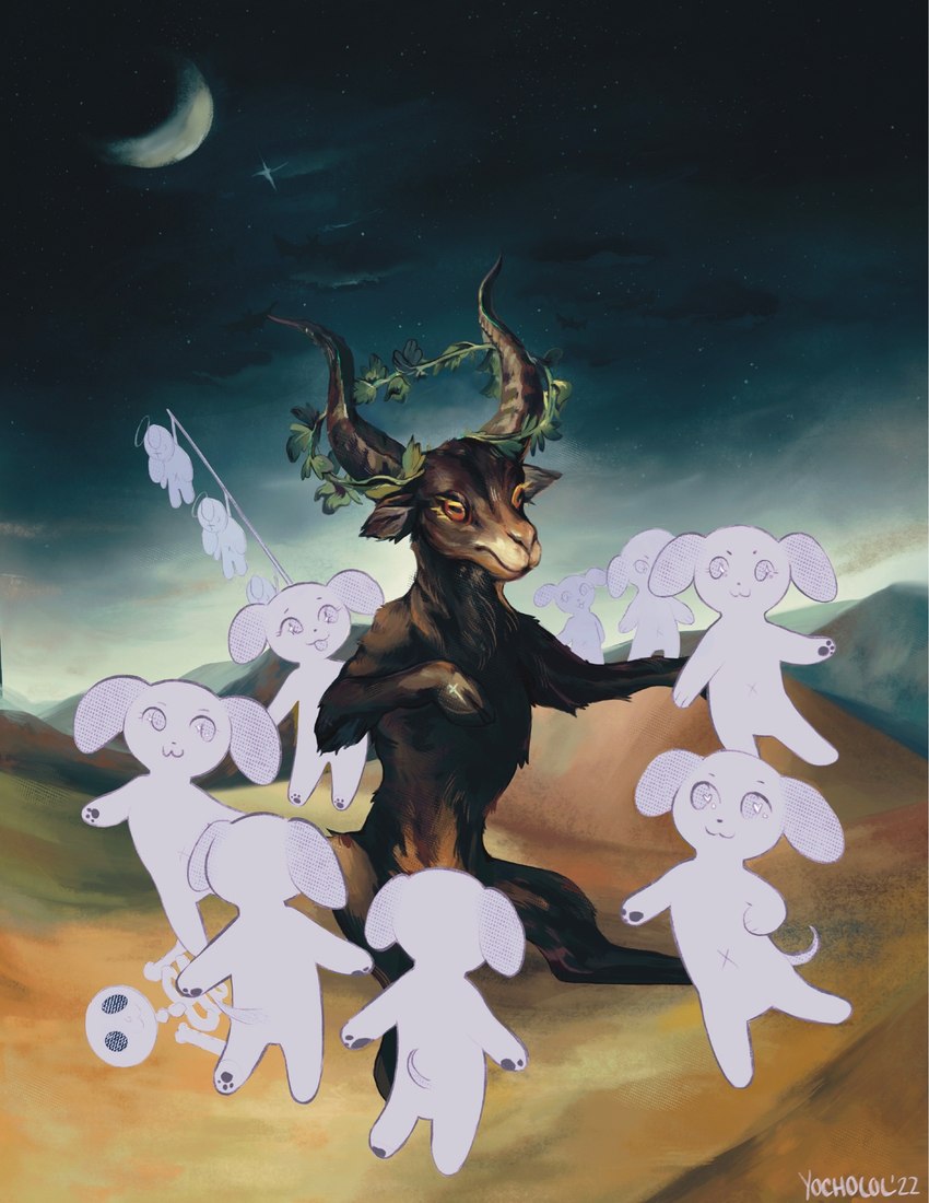 ambiguous_gender anthro biped bone cloud crescent_moon dancing death group halo heart_eyes heart_symbol hill hooves horizontal_pupils laurel_wreath leaf moon navel night orange_sclera outside pawpads pupils sitting skeleton smile star tail tongue tongue_out witchcraft francisco_goya yocholol satan bovid canid canine canis caprine domestic_dog goat mammal 2022 dated hi_res inspired_by_formal_art signature