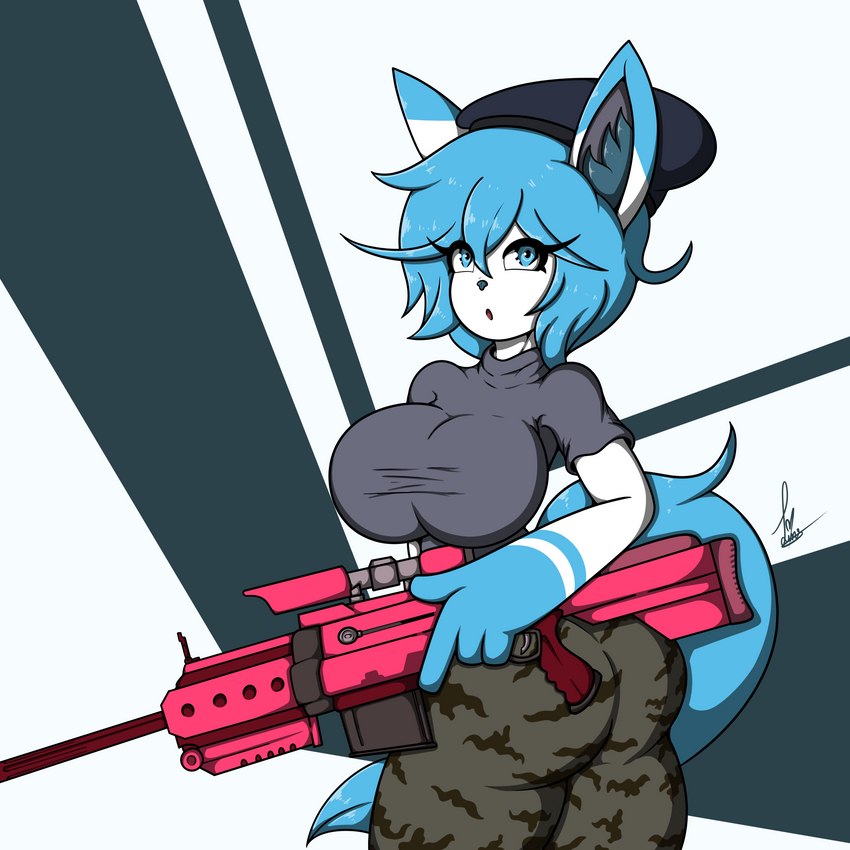 anthro beret blue_eyes blue_hair camo camo_clothing camo_print clothing female fur gun hair hat headgear headwear nerf_blaster pattern_clothing ranged_weapon rifle short_hair sniper_rifle solo surprised_expression toy toy_gun weapon white_body white_fur felestell hasbro i_need_more_bullets nerf_(toy) thiccy_(felestell) domestic_cat felid feline felis mammal 1:1 absurd_res hi_res meme