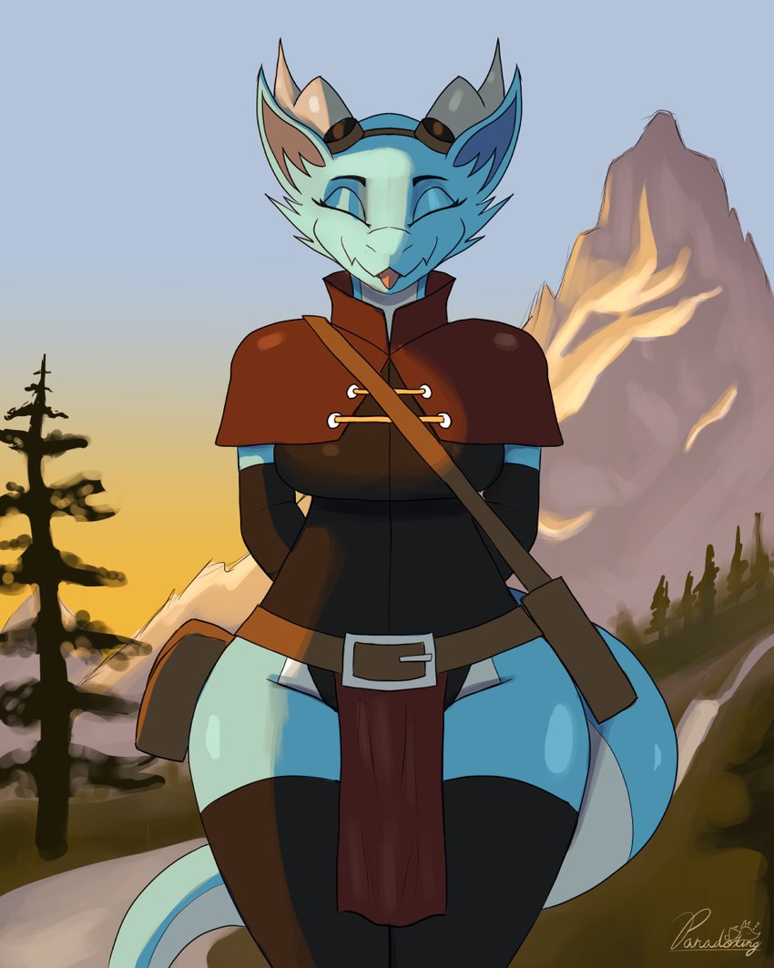 anthro blep blue_body bottomwear clothed clothing detailed_background eyes_closed female hands_behind_back horn loincloth satchel skimpy smile solo tail thick_thighs tongue tongue_out white_body wide_hips conditional_dnp paradoxing skye_(paradoxing) kobold 2024 4:5 digital_media_(artwork) digital_painting_(artwork) hi_res signature