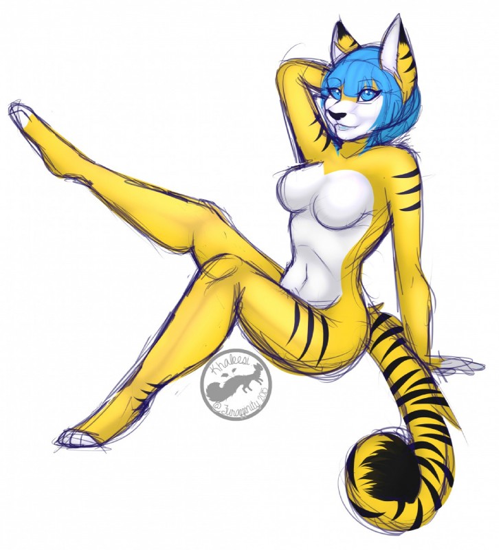 anthro biped breasts featureless_breasts female looking_at_viewer markings navel nude simple_background sitting smile solo striped_markings striped_tail stripes tail tail_markings white_background magic_(artist) felid mammal hi_res