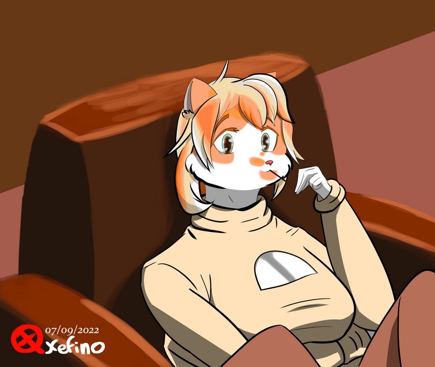 anthro big_breasts breasts cleavage_cutout clothed clothing cutout eating eating_food female fur green_eyes orange_body orange_fur pullover relaxing sitting solo sweets white_body white_fur xefino akizuki_(xefino) domestic_cat felid feline felis mammal absurd_res digital_drawing_(artwork) digital_media_(artwork) hi_res