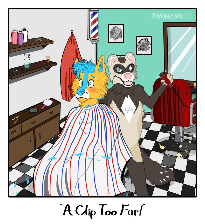 anthro barber barber_cape barber_chair barber_pole barber_shop blue_hair bodily_fluids clippers detailed_background duo hair hair_trimming makeover male male/male nervous nervous_sweat personal_grooming razor shaving styling_hair sweat text tools trimming_(grooming) hunnymutt riley_(hunnymutt) canid canine canis domestic_dog domestic_ferret german_shepherd herding_dog mammal mustelid musteline pastoral_dog true_musteline weasel absurd_res hi_res