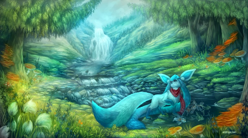 amazing_background ambiguous_gender blue_body blue_fur detailed_background eyewear feral fluffy fungus fur glasses grass mountain mushroom nature plant scarf scenery_porn solo text tree water waterfall eldrige nintendo pokemon eeveelution generation_1_pokemon generation_2_pokemon generation_4_pokemon glaceon goldeen mammal pokemon_(species) remoraid detailed url