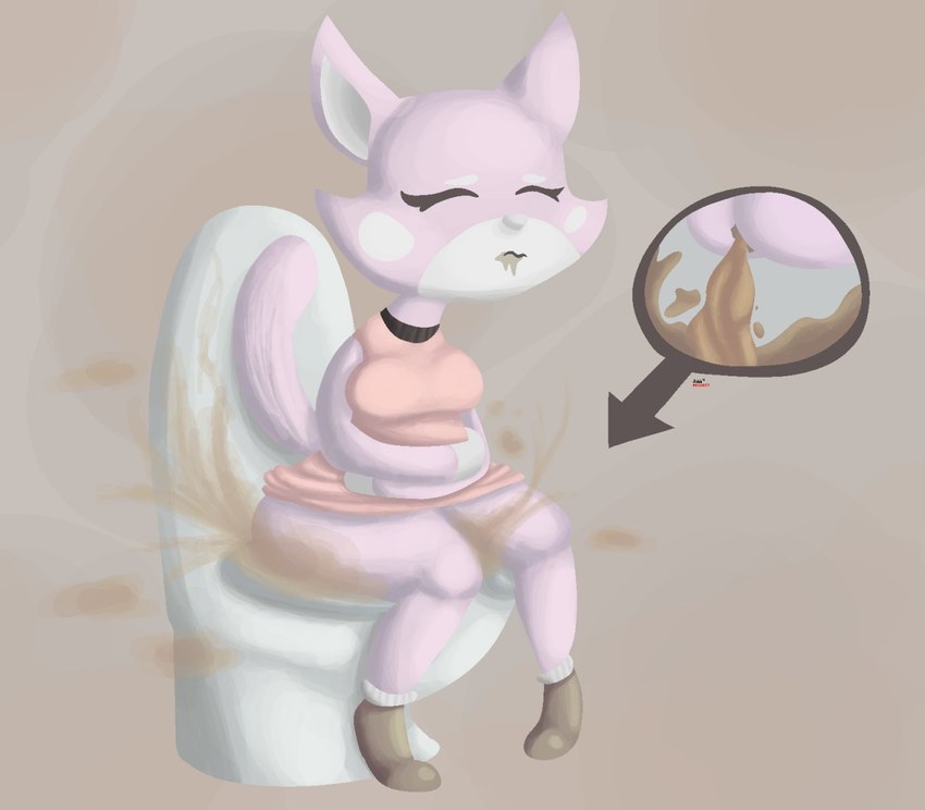 anthro anus breasts brown_clothing brown_footwear brown_shoes butt cheek_markings clothing cutaway diarrhea directional_arrow discomfort dress eyebrows eyelashes eyes_closed facial_markings fart fart_cloud feces female footwear fur head_markings holding_stomach markings pink_body pink_clothing pink_dress pink_fur pink_tail pooping pooping_in_toilet raised_tail shoes solo tail toilet white_body white_eyebrows white_fur white_nose jubb super_planet_dolan shima_luan domestic_cat felid feline felis mammal 2018 signature