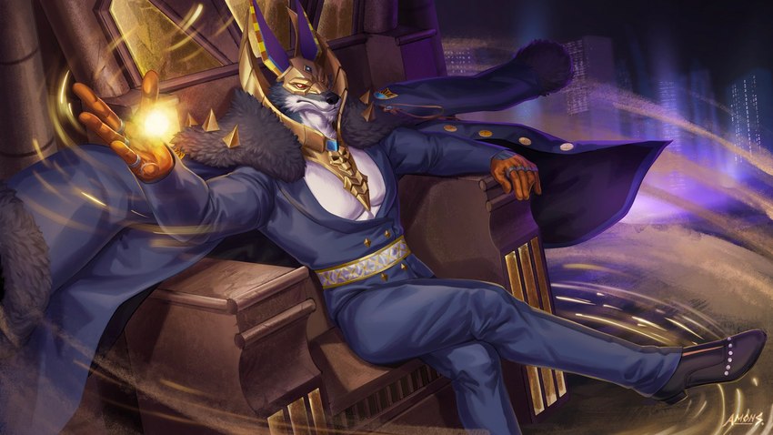 anthro chair clothing furniture gloves gold_mask golden_collar handwear jacket male solo throne topwear amon-sydonai dislyte egyptian_mythology lilith_games middle_eastern_mythology mythology sander_(dislyte) canid canine canis jackal mammal set_(species) 16:9 hi_res widescreen