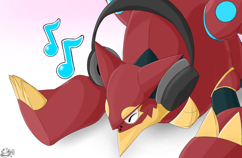 ambiguous_gender anthro claws clothing electronics eyes_closed feral headgear headphones machine musical_note musical_symbol simple_background sitting smile solo symbol text topwear drayyko nintendo pokemon generation_6_pokemon legendary_pokemon pokemon_(species) volcanion absurd_res digital_media_(artwork) hi_res shaded signature