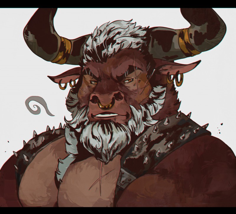 anthro beard black_bars ear_piercing facial_hair facial_piercing hair horn horn_jewelry horn_ring jewelry male muscular muscular_anthro muscular_male nose_piercing nose_ring pecs piercing ring_(jewelry) ring_piercing scar simple_background solo teeth white_background white_hair vetrowolf bovid bovine cattle mammal 2017 hi_res letterbox