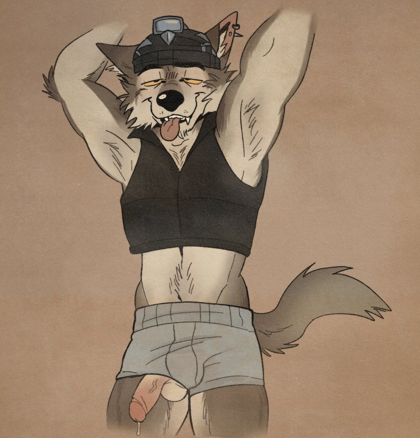 anthro balls balls_through_leghole black_clothing black_hat black_headwear black_nose black_topwear black_vest blue_boxers blue_clothing blue_underwear bodily_fluids boxers_(clothing) brown_background brown_body brown_ears brown_fur clothed clothed_anthro clothed_male clothing countershading ear_piercing fangs front_view fur genital_fluids genitals glans hat headgear headwear inner_ear_fluff male multicolored_body multicolored_fur orange_sclera pantsless_anthro pantsless_male penis penis_poking_out penis_through_leghole piercing pink_glans pink_inner_ear pink_penis precum raised_arm raised_arms simple_background smile solo standing tan_balls tan_body tan_countershading tan_fur tan_inner_ear_fluff teeth tongue tongue_out topwear tuft two_tone_body two_tone_fur underwear vein veiny_penis vest yellow_sclera astrayd0g epic_games fortnite wendell_(fortnite) canid canine canis mammal wolf 2024 brown_theme portrait three-quarter_portrait