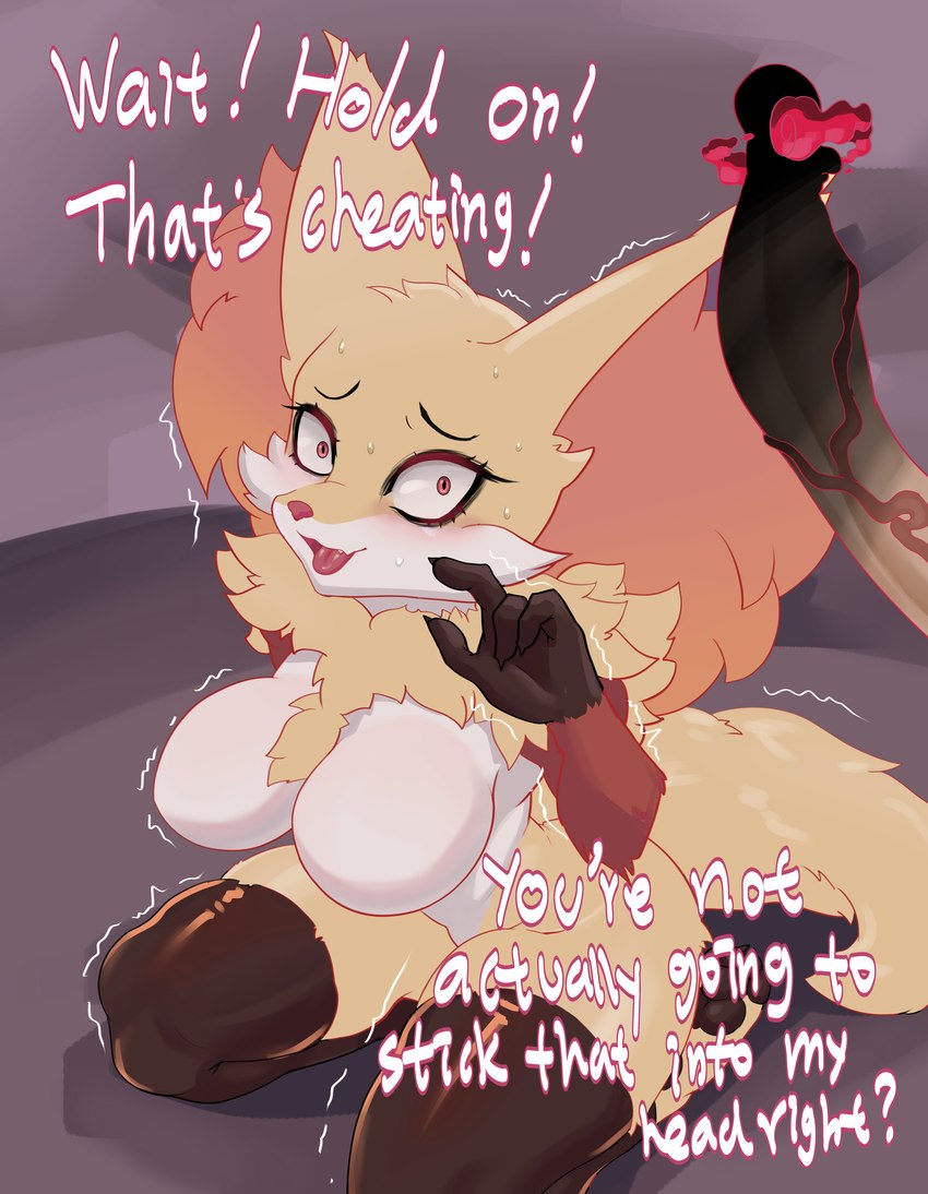 anthro breasts dialogue duo female genitals imminent_rape imminent_sex male nervous penis red_eyes scared shaking shivering text bymetalala nintendo pokemon delphox generation_6_pokemon pokemon_(species) absurd_res english_text hi_res