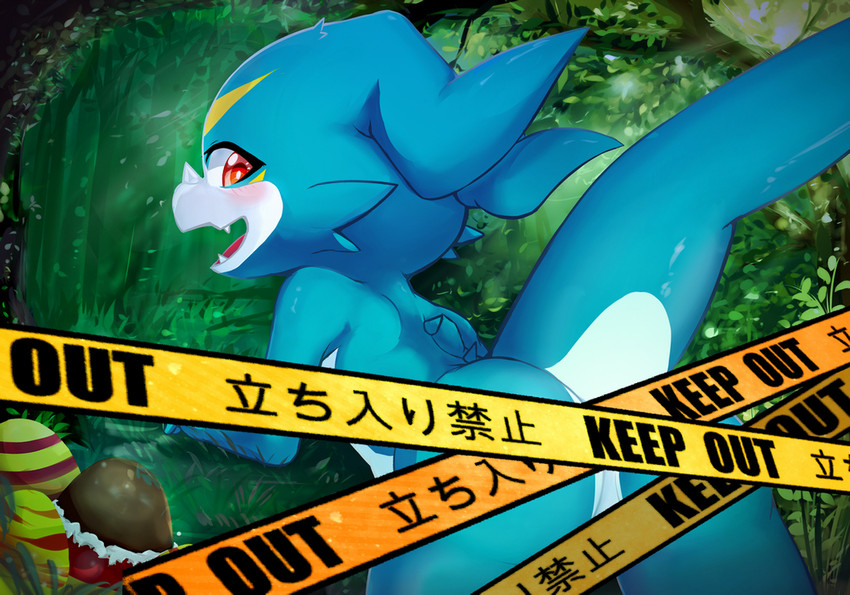 blue_body blush butt candy caution_tape_censor chocolate chocolate_egg dessert detailed_background egg fangs feet food grass looking_back male nude open_mouth outside perineum plant rear_view red_eyes solo teeth toes tree shoru bandai_namco digimon digimon_(species) scalie veemon 2020 censored