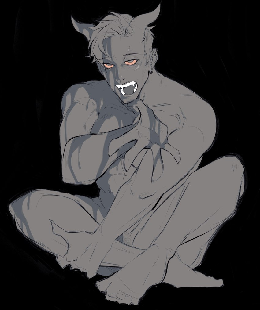 2_horns eyebrows fangs feet hair horn lidded_eyes male muscular muscular_humanoid muscular_male nails not_furry nude sharp_nails short_hair sitting solo teeth wet wet_body wet_skin karina_farek drawfee_(copyright) luce_(karina_farek) demon demon_humanoid horned_humanoid humanoid