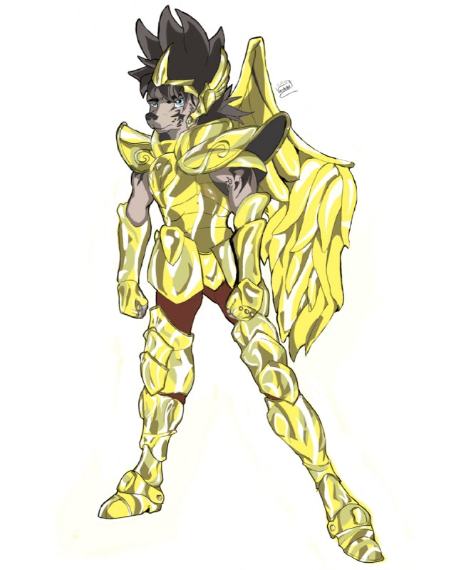 anthro armor cloth_(saint_seiya) headgear helmet male pose solo wings voshiket saint_seiya toei_animation canid canine canis mammal wolf hi_res