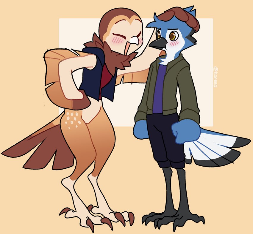 anthro beak blue_body blush blush_lines clothed clothing duo feathers female flustered jacket male male/female one_eye_closed open_mouth ruffling_hair simple_background size_difference smile topwear vest winged_arms wings wink kofeeo james_(bluepegasi) miya_(bluepegasi) avian barn_owl bird blue_jay corvid jay_(bird) new_world_jay oscine owl passerine tyto tytonid digital_media_(artwork) hi_res