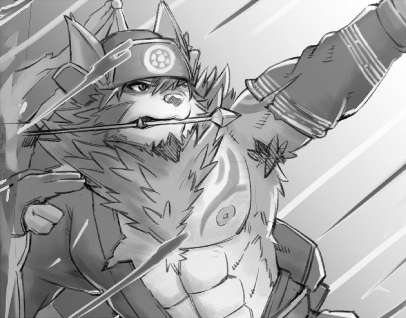 abs anthro biceps clothing fur male mongolian mongolian_clothing muscular muscular_anthro muscular_male nipples pecs solo tattoo noko_illust lifewonders tokyo_afterschool_summoners temujin_(tas) canid canine canis mammal wolf 2019 monochrome