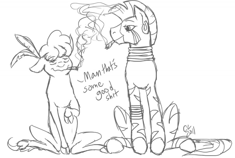 drugs duo ear_piercing female feral marijuana piercing stripes young young_feral cartoonlion friendship_is_magic hasbro my_little_pony little_strongheart_(mlp) zecora_(mlp) american_bison bison bovid bovine equid equine mammal zebra 2011 monochrome