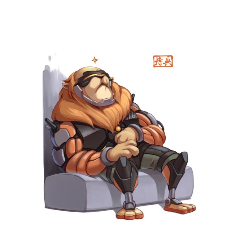 anthro biped clothed clothing cosplay crossover_cosplay fully_clothed fur headgear mane reclining simple_background sitting solo tan_body tan_fur white_background bei_ju_luoxuan_wan disney zootopia leodore_lionheart soldier_76_(overwatch) felid lion mammal pantherine 2017 crossover