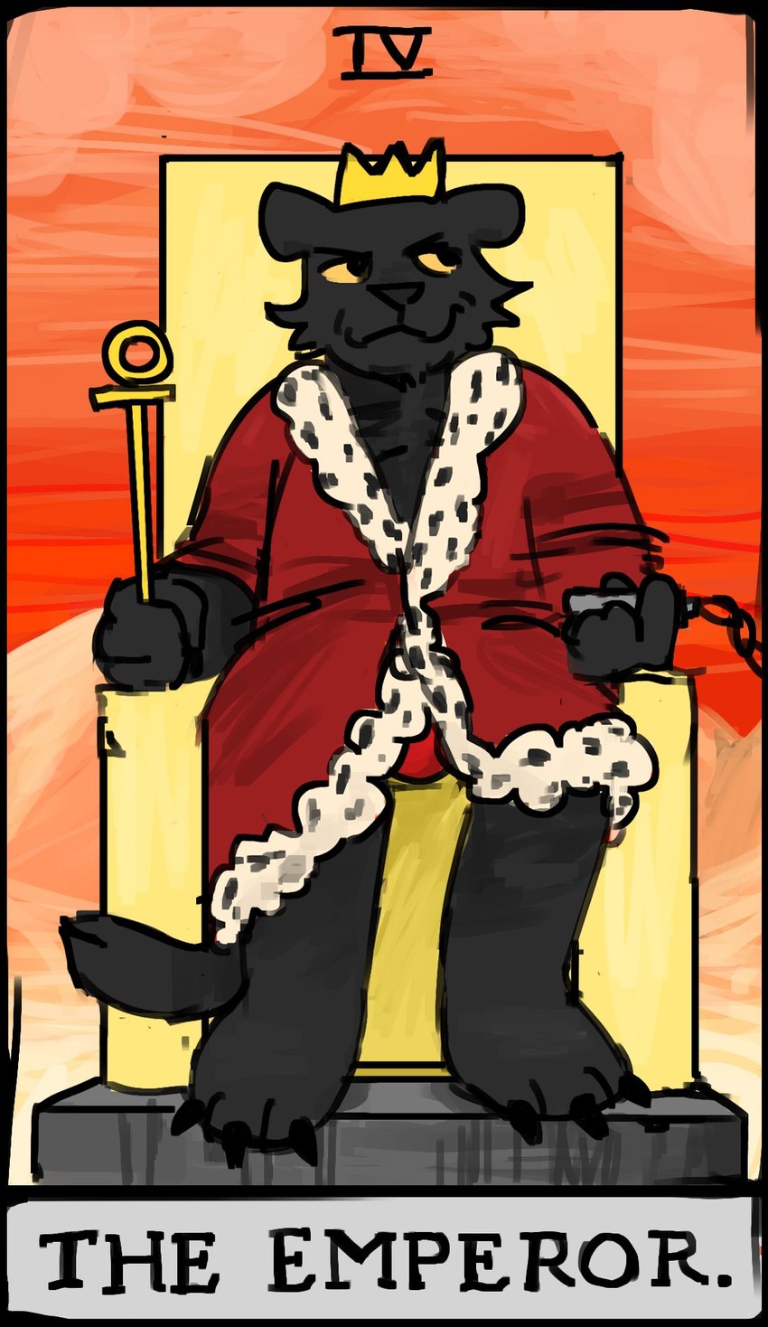 anthro black_body black_fur card card_template emperor fur major_arcana male royalty sitting_on_throne solo tarot tarot_card the_emperor_(tarot) yellow_eyes gorepuptech danny_smoke_in_furry_land king_magnum felid leopard mammal pantherine 2024 character_request digital_media_(artwork) hi_res