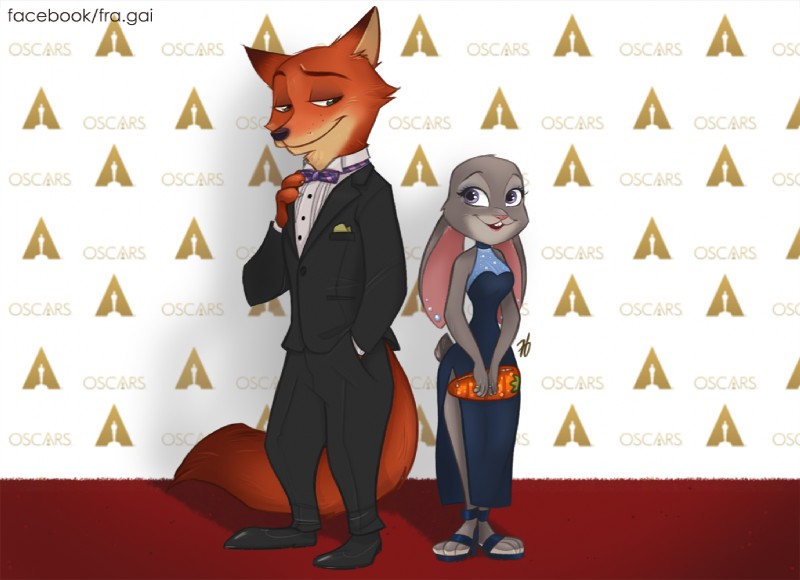 anthro clothed clothing duo female fur long_ears male fra-gai academy_awards disney zootopia judy_hopps nick_wilde canid canine fox lagomorph leporid mammal rabbit red_fox true_fox 2017