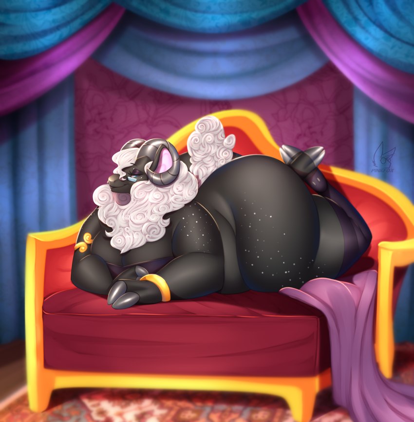 anthro bedroom_eyes big_butt butt laying_on_stomach looking_at_viewer male narrowed_eyes overweight overweight_anthro plus-sized_femboy seductive thick_thighs pinkattfox francesca_(skarlett_cynder) bovid caprine mammal sheep absurd_res hi_res