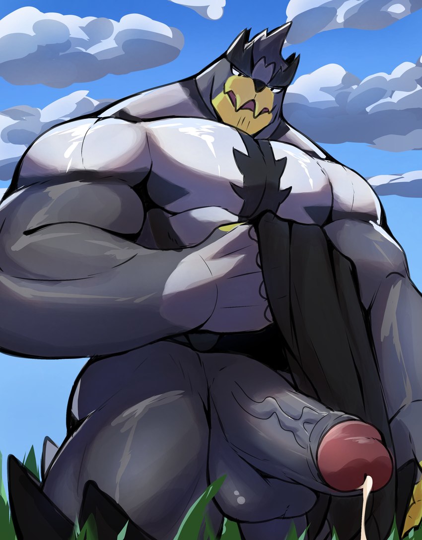 anthro balls big_muscles blue_sky bottomwear clothing cloud foreskin genitals grass huge_muscles male muscular muscular_male outside penis plant sky solo vein veiny_penis zfou nintendo pokemon generation_8_pokemon legendary_pokemon pokemon_(species) urshifu 2022 absurd_res hi_res