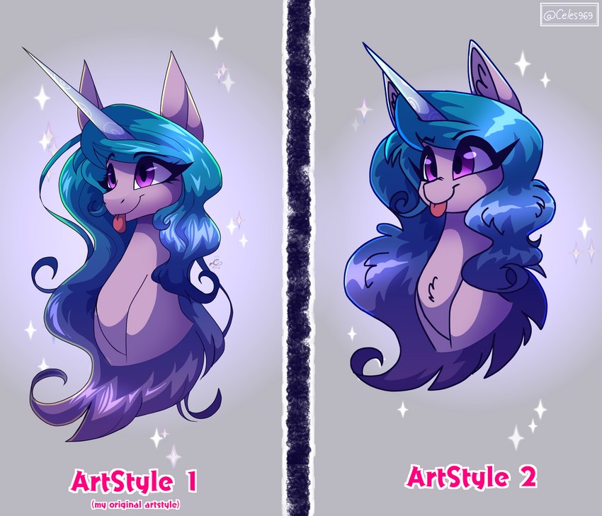 blue_hair female gradient_hair hair horn long_hair multiple_styles purple_eyes solo sparkles sparkling_character style_change tongue tongue_out celes-969 hasbro mlp_g5 my_little_pony mythology izzy_moonbow_(mlp) equid equine mammal mythological_creature mythological_equine unicorn absurd_res hi_res