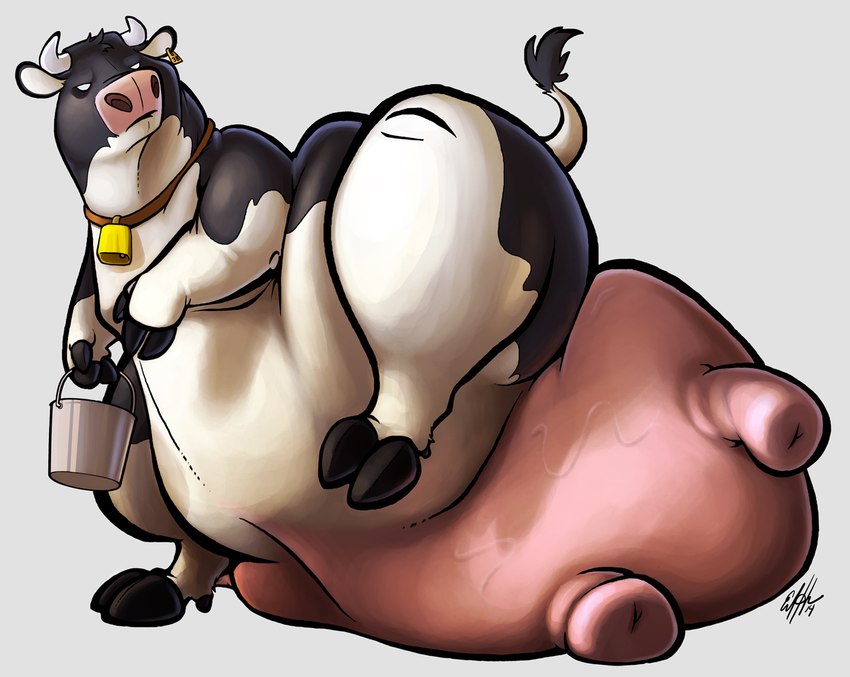 annoyed anthro bell bell_collar belly black_body black_fur bucket butt collar collar_only container cowbell ear_piercing ear_tag fat_rolls female fingers fur holding_bucket holding_container holding_object hooved_fingers hooves horn hyper hyper_udders love_handles markings nude obese obese_anthro obese_female one_leg_up overweight overweight_anthro overweight_female piercing raised_leg solo spots spotted_body spotted_fur tail tail_tuft teats tuft udders white_body white_fur wide_hips macroceli_(artist) 38_(macroceli) bovid bovine cattle holstein_friesian_cattle mammal