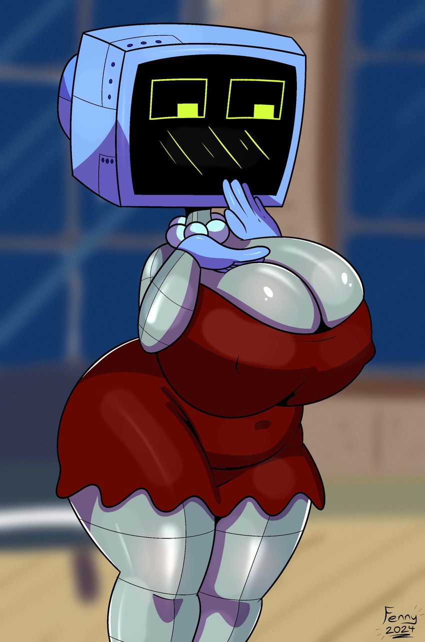 big_breasts big_butt blush blush_lines breasts butt clothed clothing corrugated_arms corrugation detailed_background dress electronics female for_a_head gem hand_on_breast huge_breasts huge_butt jewelry looking_down machine monitor navel necklace nipples not_furry pearl_(gem) pearl_necklace red_clothing red_dress screen screen_face signal_line simple_background solo thick_thighs tight_clothing tight_dress wide_hips nickelodeon spongebob_squarepants karen_plankton humanoid object_head robot screen_head 2024 absurd_res digital_media_(artwork) hi_res signature