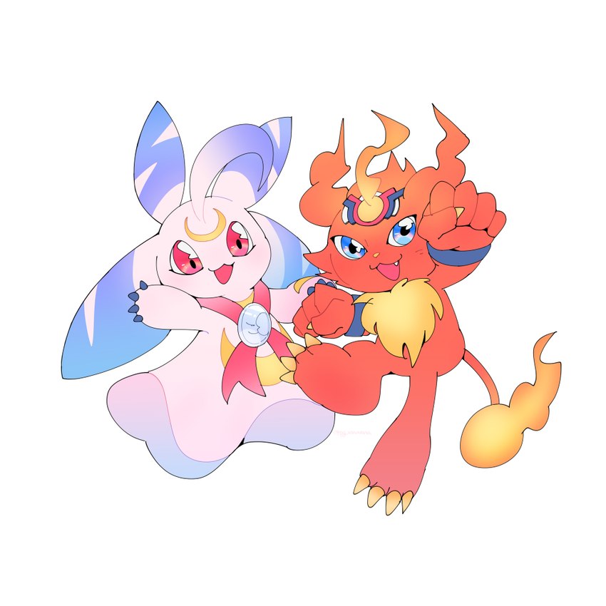 anthro blue_eyes duo female fire flaming_tail fluffy_chest fur male pink_body red_body red_eyes red_fur tail pg_enaena bandai_namco digimon coronamon digimon_(species) lunamon 1:1