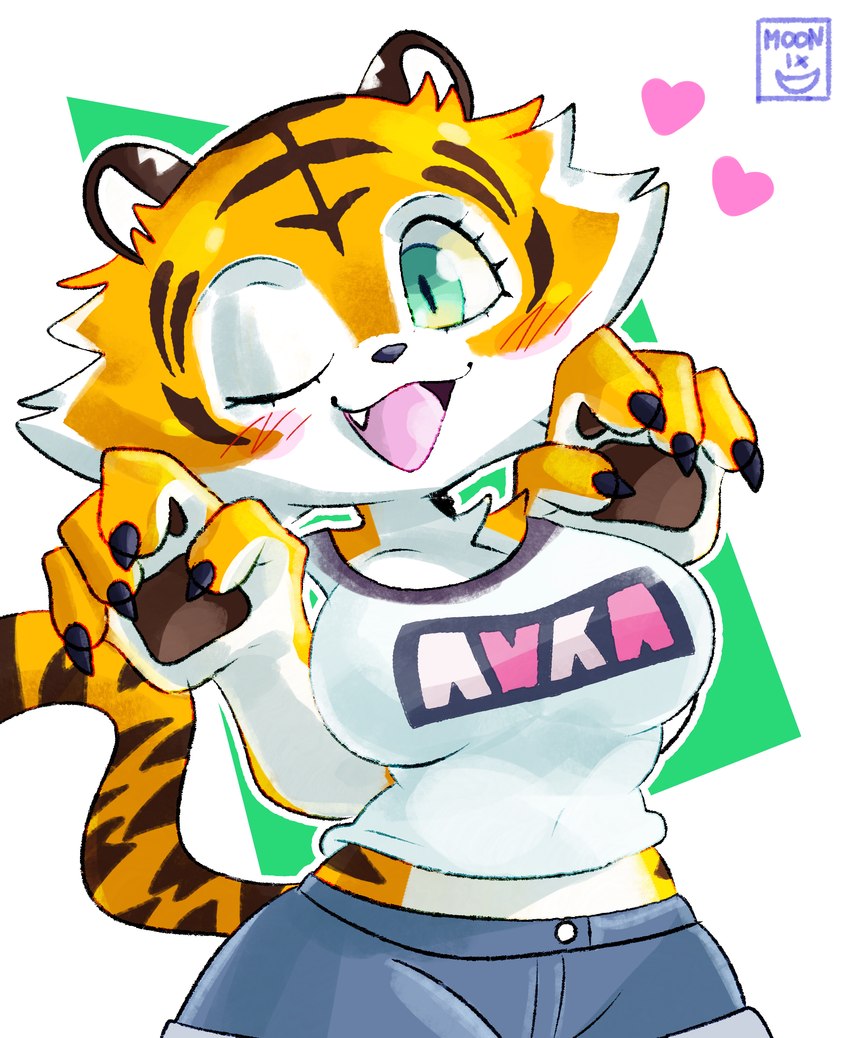 4_fingers anthro asian_clothing black_stripes blue_eyes bottomwear brown_pawpads chest_tuft claws clothed clothing cute_fangs eyelashes fangs female finger_claws fingers fur gesture logo logo_on_clothing logo_on_shirt looking_at_viewer markings one_eye_closed open_mouth open_smile orange_body orange_fur pawpads paws simple_background skirt smile smiling_at_viewer solo striped_body striped_markings striped_tail stripes tail tail_markings teal_eyes teeth text tuft uniform waving waving_at_viewer white_background white_body white_fur wink winking_at_viewer moonix_xero aura_(drawligator) felid mammal pantherine tiger 2024 absurd_res hi_res signature watermark