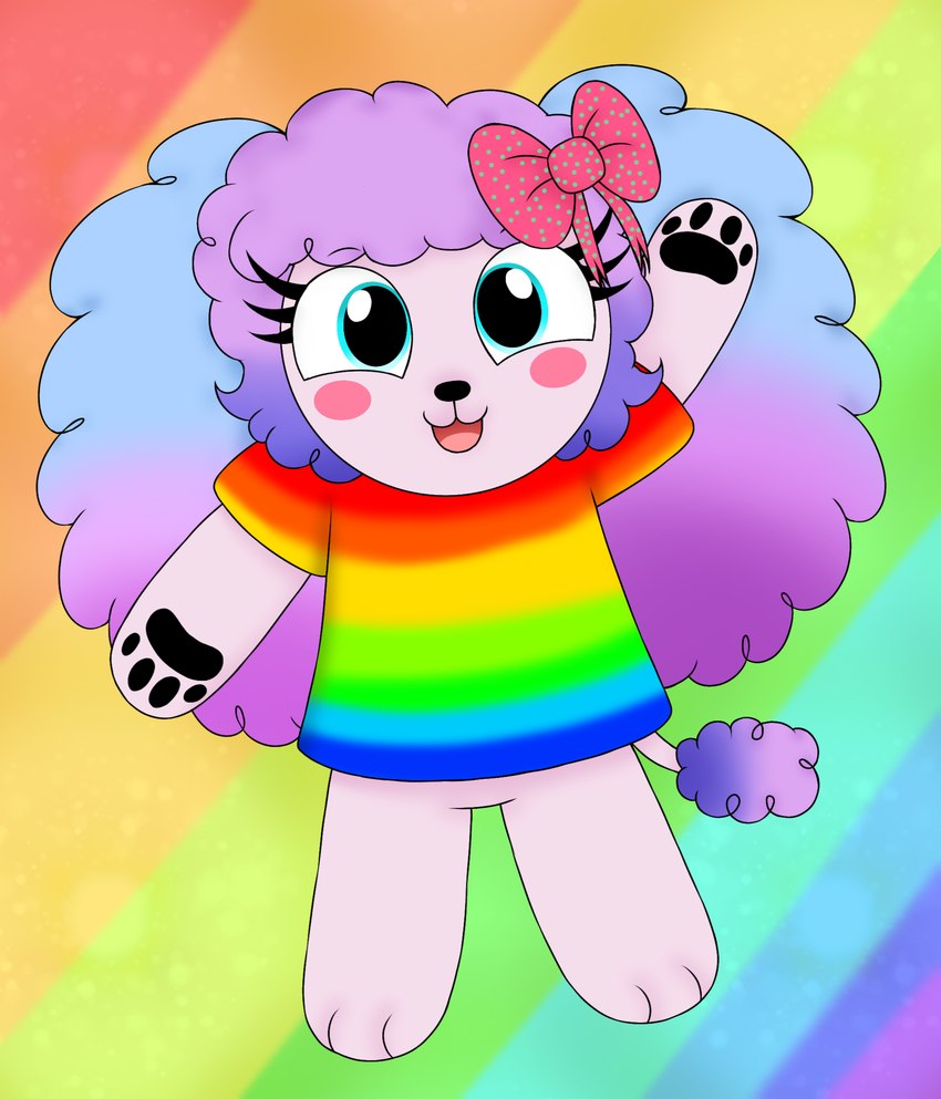 accessory anthro blue_eyes blush blush_stickers bow_ribbon clothing curled_hair female fluffy fluffy_ears fluffy_hair fluffy_tail hair hair_accessory hair_bow hair_ribbon multicolored_clothing multicolored_shirt multicolored_topwear open_mouth pawpads poofy_hair rainbow rainbow_clothing rainbow_shirt rainbow_topwear ribbons rosy_cheeks shirt solo tail toony topwear artziidubz puppies_in_paradise flora_(puppies_in_paradise) canid canine canis domestic_dog island_puppy mammal poodle 2023 digital_drawing_(artwork) digital_media_(artwork) hi_res