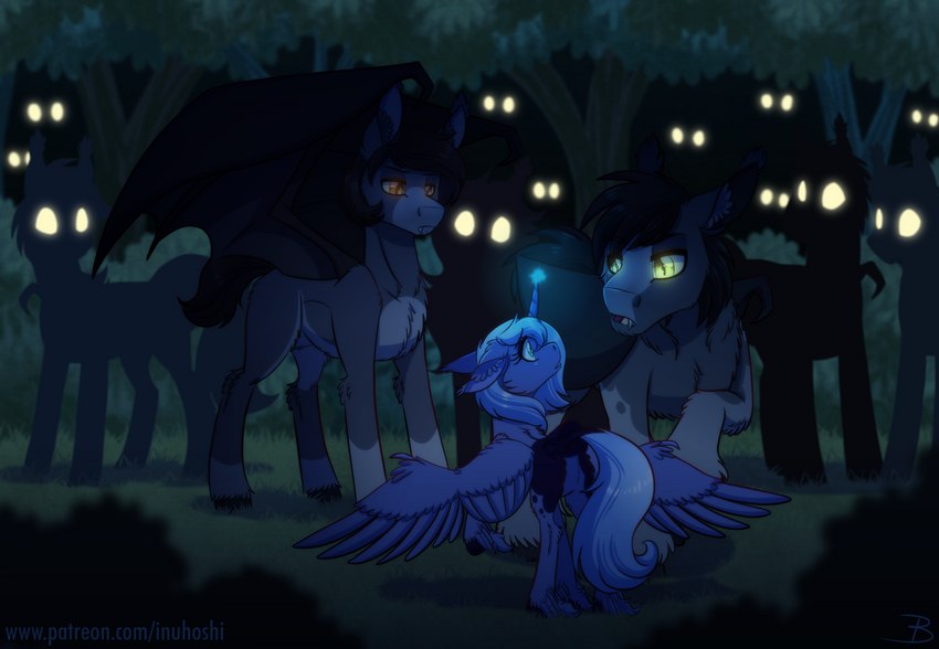 alternate_universe blue_body blue_eyes blue_fur blue_tail female feral forest fur glowing glowing_eyes group horn large_group male plant pupils slit_pupils tail tree wings inuhoshi-to-darkpen friendship_is_magic hasbro my_little_pony mythology princess_luna_(mlp) s1_luna_(mlp) bat_pony equid equine mammal mythological_creature mythological_equine winged_unicorn story story_in_description