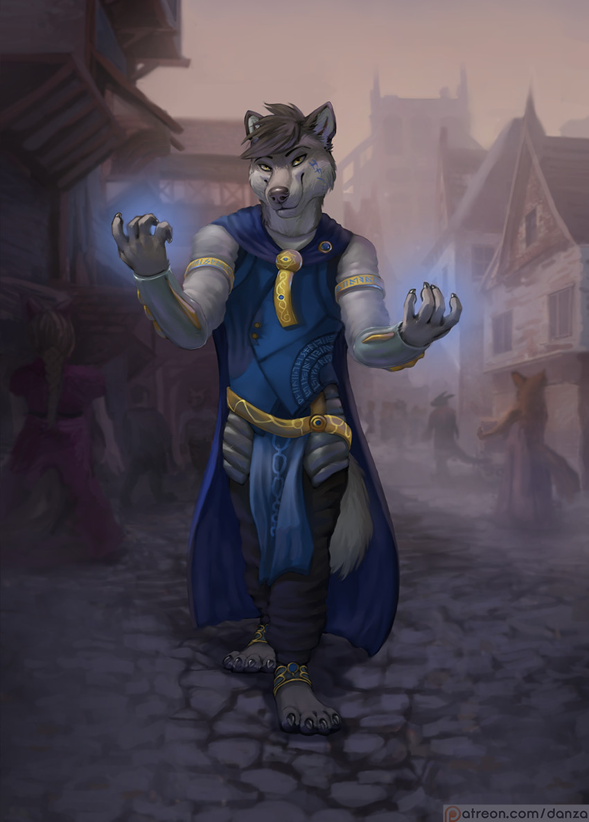 anthro armor clothed clothing group illusion magic male medieval medieval_architecture patreon_logo solo_focus stealth text town conditional_dnp danza patreon canid canine canis mammal wolf english_text hi_res url