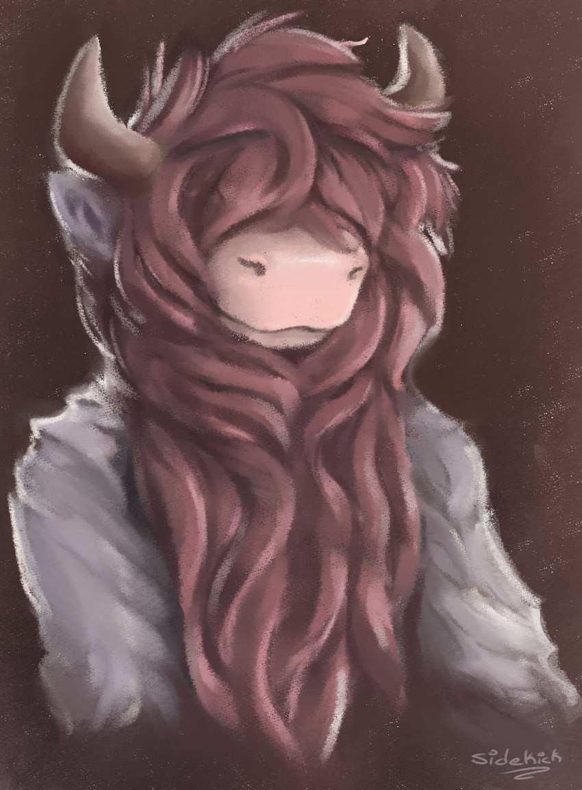 ambiguous_gender anthro brown_background clothed clothing covered_eyes fluffy fully_clothed fur hair hair_over_eyes horn simple_background snout solo text sidekick callan_(zhanbow) bovid bovine cattle highland_cattle mammal 2021 digital_media_(artwork) digital_painting_(artwork) english_text half-length_portrait hi_res portrait signature