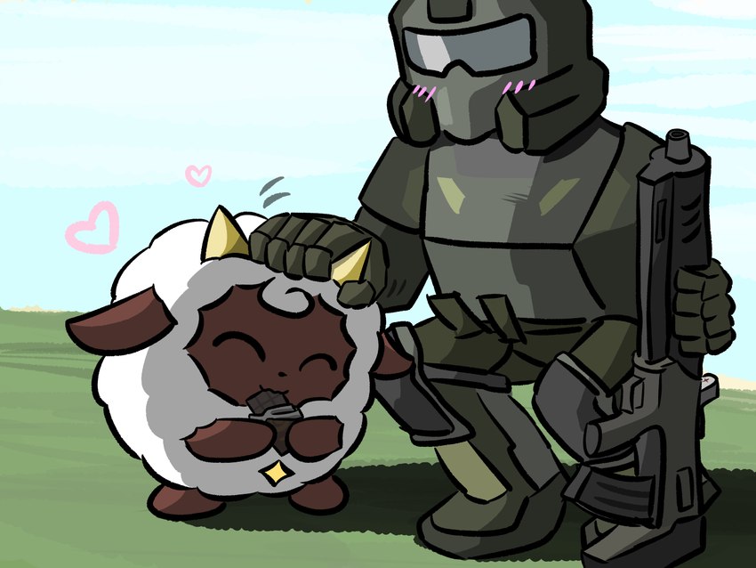 armor blush body_armor candy chocolate chocolate_bar dessert duo eating eating_food eyes_closed feral food full_armor gun happy headgear headpat heart_symbol helmet petting ranged_weapon space_helmet weapon yuumisocute helldivers palworld pocketpair helldiver bovid caprine lamball mammal pal_(species) sheep 4:3 hi_res