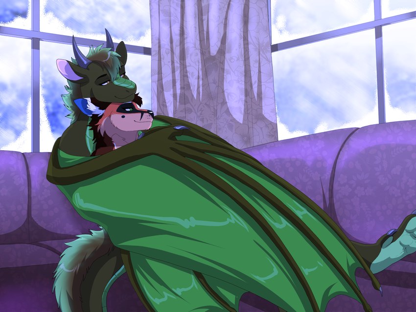 anthro claws duo furniture horn hug hugging_another hugging_from_behind looking_aside male reclining smile sofa using_wings wing_hug wings lawkie mythology archie_(thearchiefox) lit_dragon canid canine dragon fox mammal mythological_creature mythological_scalie scalie 4:3 hi_res