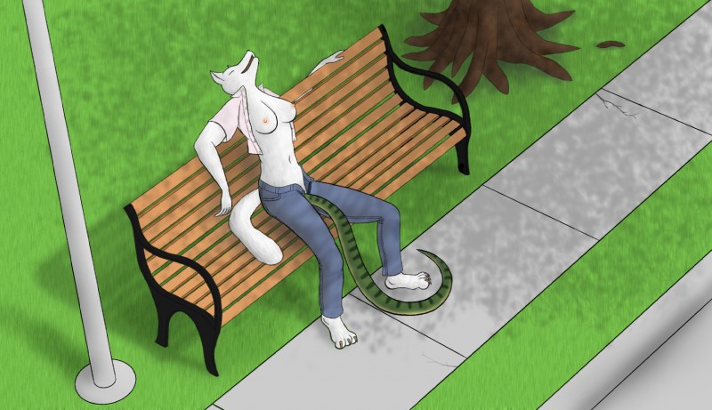 ambiguous_gender ambiguous_on_anthro ambiguous_prey anthro anthro_on_feral bench bestiality bottomwear breasts clothed clothing curb denim denim_bottomwear denim_clothing duo exhibitionism eyes_closed female female_on_feral female_pred feral grass high-angle_view holding_breath jeans nipples on_bench open_bottomwear open_clothing open_mouth open_pants outside pants park penetration plant public shadow sidewalk snaked solo_focus street tail tree unbirthing vaginal vaginal_penetration vore wood rlctntfr arctic_fox canid canine fox mammal reptile scalie snake true_fox digital_media_(artwork) hi_res