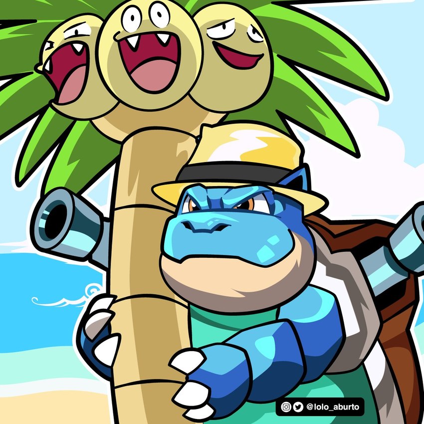 beach clothing duo fedora feral hat headgear headwear hiding male open_mouth outside parody plant sea seaside water lolo_aburto nintendo pokemon juan_gabriel alolan_exeggutor alolan_form blastoise elemental_creature flora_fauna generation_1_pokemon generation_7_pokemon pokemon_(species) regional_form_(pokemon) 1:1 2021 hi_res signature