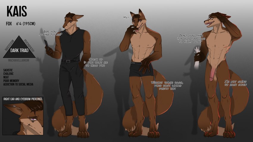 anthro balls clothed clothing fingers fur genitals hair looking_at_viewer male muscular muscular_male nipples nude open_mouth penis piercing sadism sadistic_smile simple_background smile solo standing tail text topwear yourumi kais_(yourumi) canid canine fox lagomorph leporid mammal true_fox character_name digital_media_(artwork) english_text hi_res model_sheet