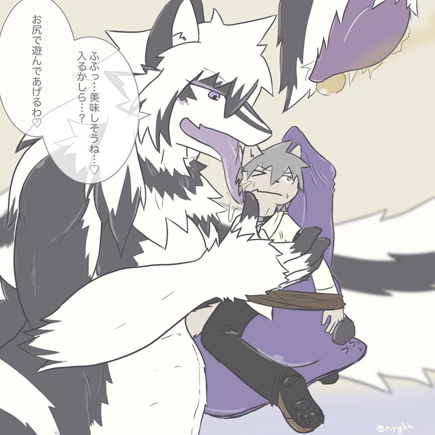 anthro big_dom_small_sub bodily_fluids dark_body dark_fur dialogue dildo dominant duo female forced fur grey_body grey_fur heart_symbol larger_female licking male male/female multicolored_body multicolored_fur narrowed_eyes one_eye_closed open_mouth pawpads purple_dildo purple_eyes purple_tongue restrained rope saliva sex_toy size_difference smaller_male speech_bubble text tied_to_dildo tongue tongue_out two_tone_body two_tone_fur white_body white_fur niragohan kagase-san_(sakamata) mammal 1:1 japanese_text translation_request