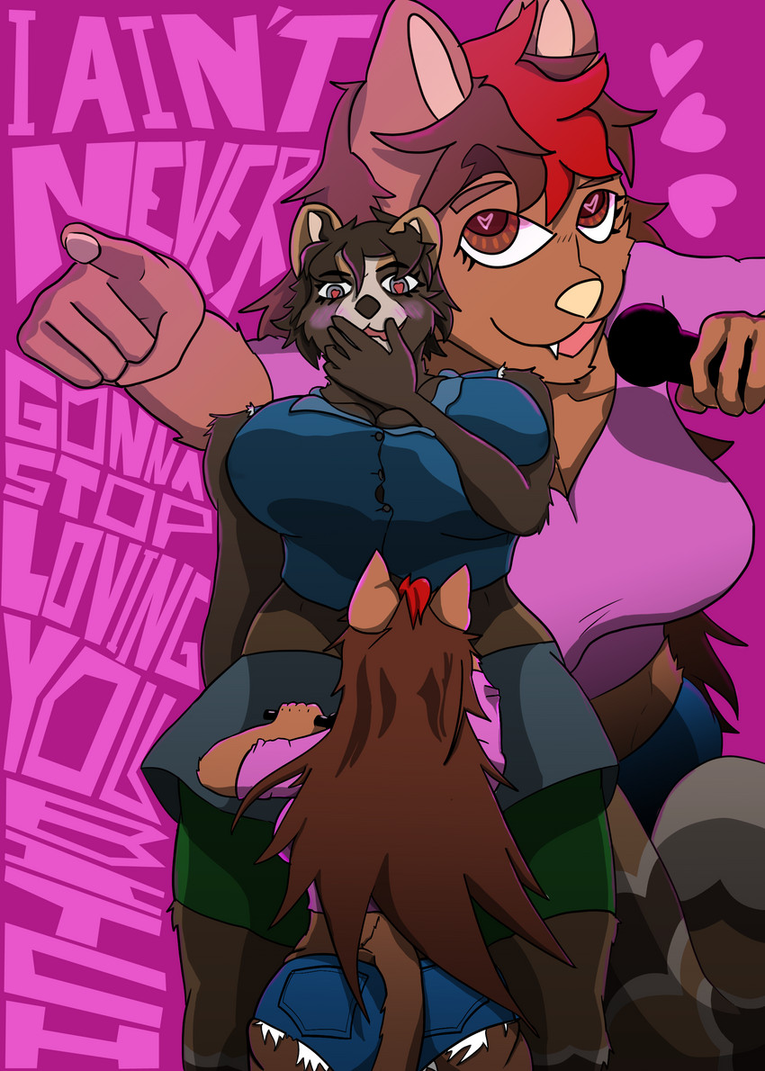 anthro big_breasts big_butt biped blush bottomwear breasts brown_body brown_fur butt clothed clothing crossgender denim denim_bottomwear denim_clothing duo female female/female fur hair heart_eyes heart_symbol highlights_(coloring) huge_breasts huge_butt huge_thighs jeans larger_female long_hair long_tail mtf_crossgender multicolored_body muscular muscular_anthro muscular_female open_mouth pants shirt short_stack shorts simple_background size_difference smaller_female smile standing tail text thick_thighs topwear wide_hips ceschi brews_(dyed) ceschi_(ceschi) canid canine domestic_ferret mammal mustelid musteline raccoon_dog tanuki true_musteline weasel absurd_res digital_media_(artwork) english_text hi_res