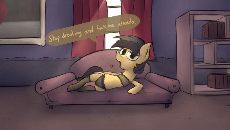 clothing detailed_background dialogue female feral furniture garter_straps hair legwear lingerie looking_at_viewer lying on_side presenting sofa solo stockings text window marsminer hasbro my_little_pony pluto_ellipse equid mammal digital_media_(artwork) english_text hi_res