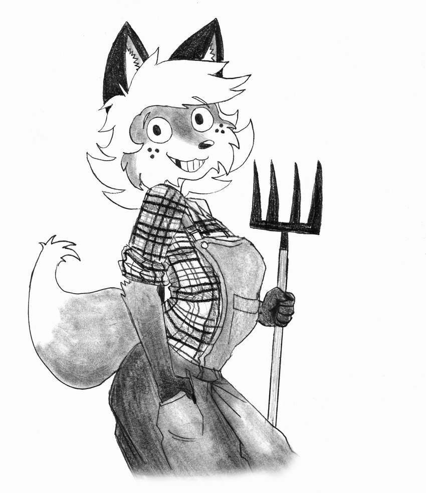 farmer female solo teeth tomboy tooth_gap efradraws canid canine fox mammal absurd_res graphite_(artwork) hi_res monochrome sketch traditional_media_(artwork)