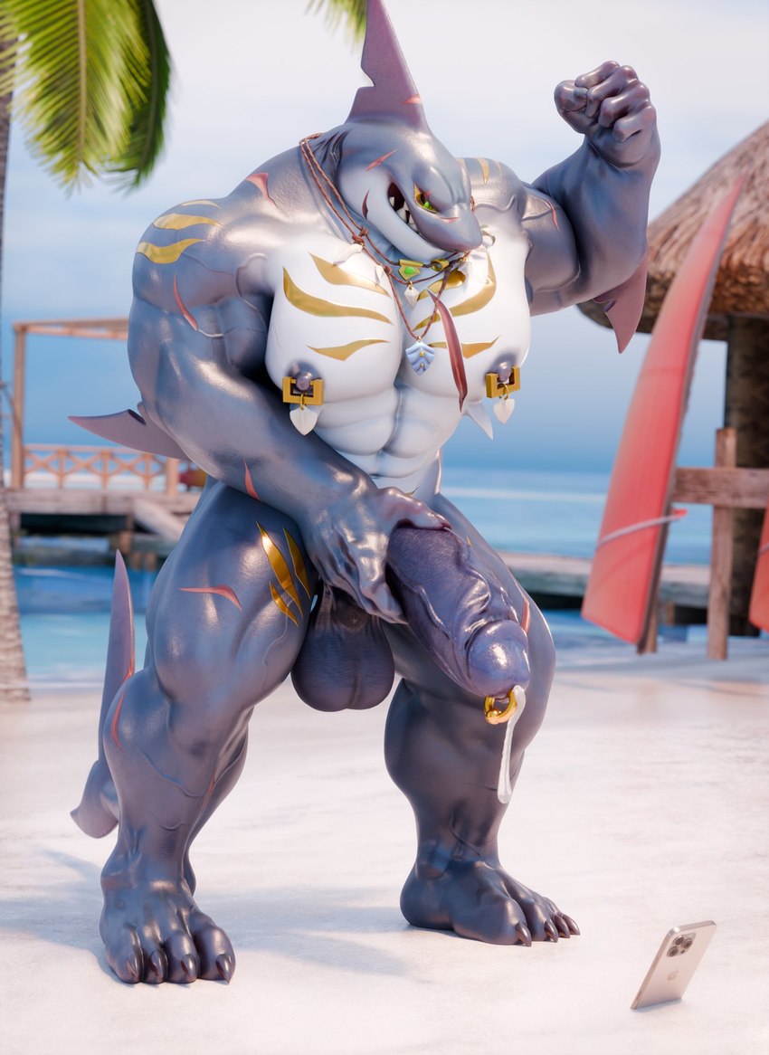 abs anthro arm_scar balls barazoku beach biceps big_penis black_sclera blue_balls blue_body blue_penis blue_scales blue_sky bodily_fluids cellphone cheek_scar chest_markings chest_scar claws cum day elbow_fin electronics eye_scar facial_scar fin fin_scar finger_claws flexing flexing_bicep front_view genital_fluids genital_piercing genitals gills glans gold_markings green_eyes grin holding_own_penis holding_penis humanoid_genitalia humanoid_penis jewelry leaking_cum leg_markings male markings multicolored_body multicolored_scales muscular muscular_male navel necklace nipple_piercing nipple_ring nipples notched_fin nude outside palm_tree pecs penis penis_piercing phone piercing plant prince_albert_piercing ring_piercing scales scar sea shack sky smartphone smile solo standing tail teeth thigh_markings tree two_tone_body two_tone_scales vein veiny_muscles veiny_penis water white_body white_scales hirunet chiefkaine_(modeler) alvintanubis apple_inc. iphone dylan_(alvintanubis) fish marine shark hi_res