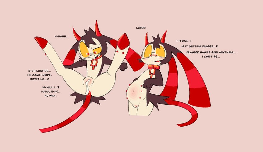 anthro bodily_fluids cum cum_in_pussy cum_inside eyewear female genital_fluids glasses impregnation pregnant pregnant_female profanity semi-anthro solo text thick_thighs wide_hips conditional_dnp labbit_(artist) hazbin_hotel fan_character l33t_(labbit) demon imp labbit english_text hi_res