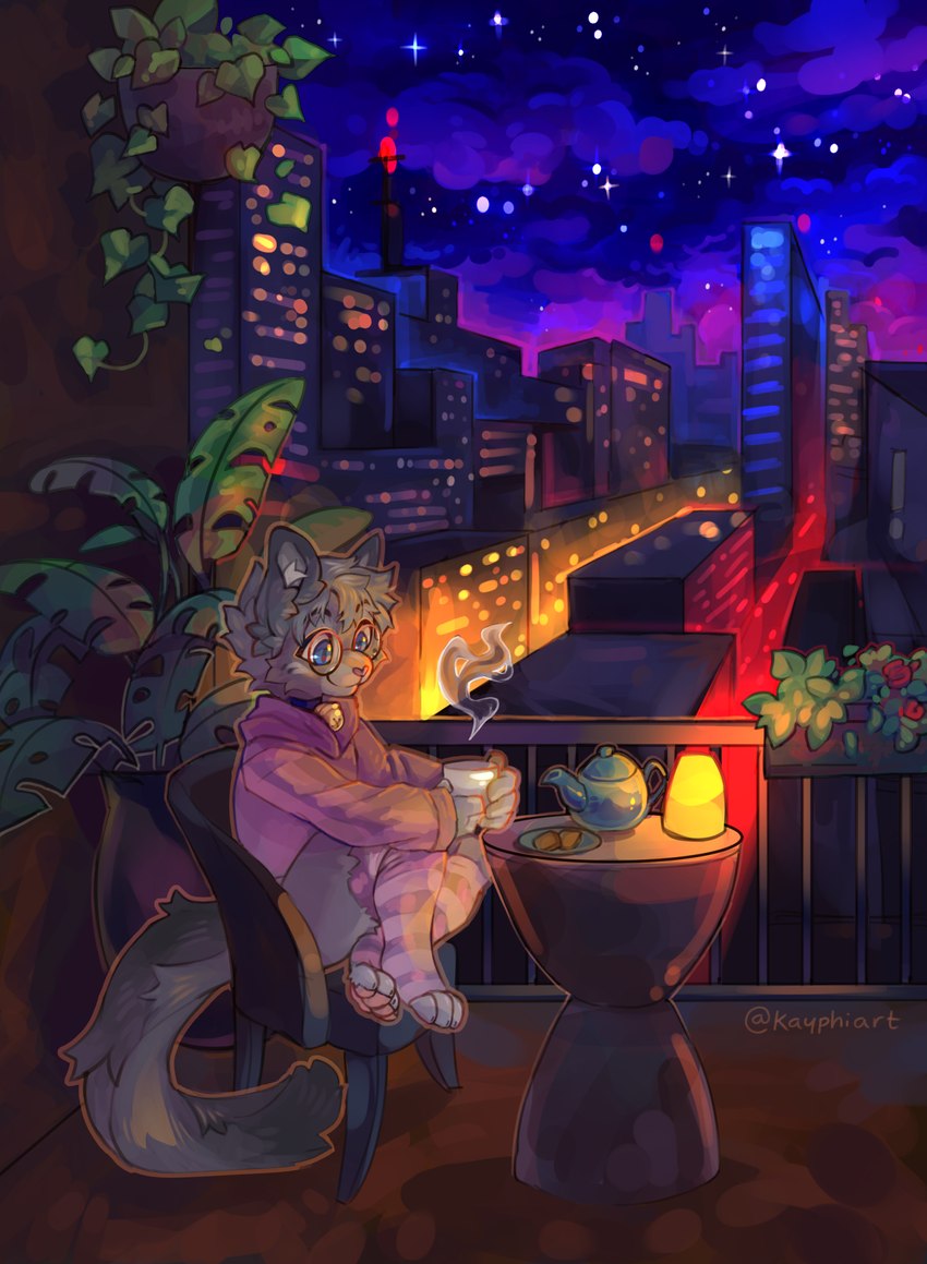 anthro balcony bell beverage blue_collar blue_eyes chair city city_background city_lights city_skyline cityscape claw_slits clothed clothing collar container cup detailed_background dipstick_ears dipstick_tail ear_markings eyewear femboy flower footwear fur furniture glasses gold_bell grey_body hair hoodie leg_warmers legwear male markings mug multicolored_ears on_chair outside pink_clothing pink_hoodie pink_nose pink_topwear plant sitting sitting_on_chair sky smile socks solo star steam table tail tail_markings tea teapot thigh_highs thigh_socks topwear kayphi nixuelle domestic_cat egyptian_mau felid feline felis mammal absurd_res digital_media_(artwork) hi_res