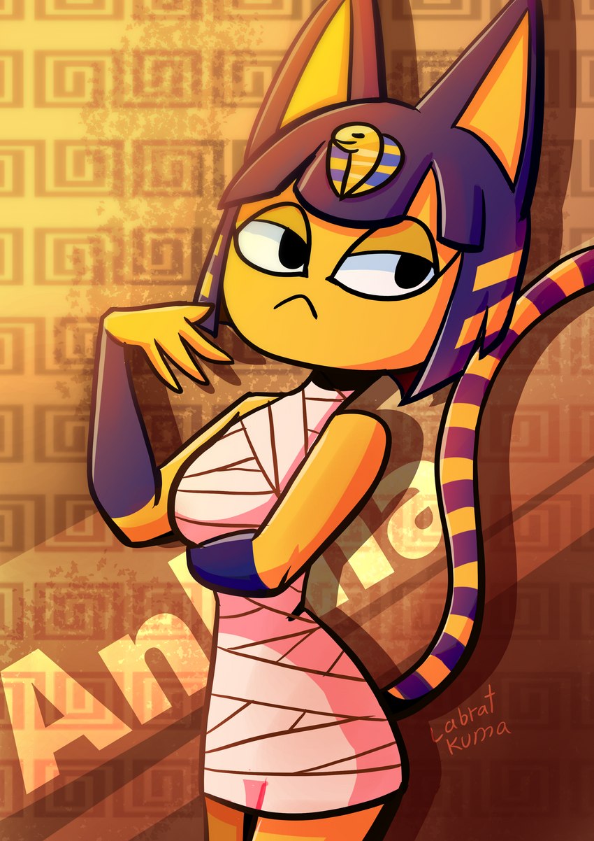 :< anthro bandage black_eyes blue_hair bob_cut breasts eyelashes female frown fur hair markings narrowed_eyes pattern_background ring_(marking) ringed_tail simple_background solo striped_markings striped_tail stripes tail tail_markings text uraeus yellow_body yellow_fur labratkuma animal_crossing nintendo ankha_(animal_crossing) domestic_cat felid feline felis mammal absurd_res hi_res