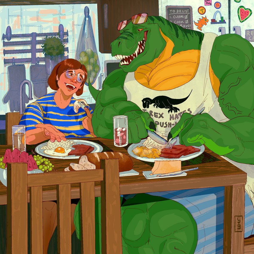 5_fingers anthro big_muscles blue_clothing blue_shirt blue_topwear breakfast butter clothing countershading dairy_products detailed_background duo eating eyewear eyewear_on_head fingers food fruit glasses glasses_on_head green_body huge_muscles humanoid_hands kitchen_utensils larger_anthro looking_at_another looking_at_partner male melon muscular muscular_anthro muscular_arms muscular_male plant sharp_teeth shirt size_difference sliced_bread smaller_human sunny_side_up_egg tank_top teeth tools topwear vein veiny_muscles watermelon watermelon_slice wearing_glasses white_clothing white_shirt white_tank_top white_topwear yellow_body yellow_countershading pinkgirlpen tal_rex human mammal 1:1 2020 digital_media_(artwork) hi_res