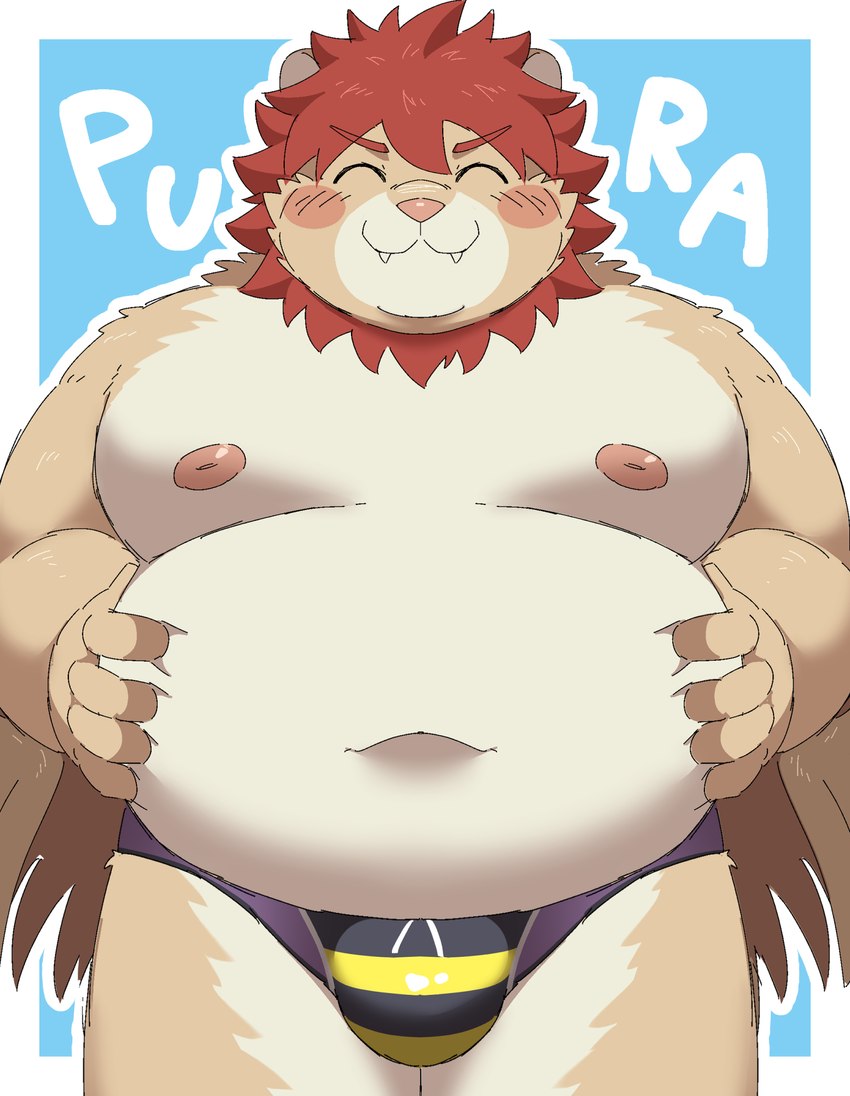 :3 anthro belly blush bulge clothing inverted_nipples male mane nipples overweight overweight_male solo speedo swimwear ptcmtr lifewonders tokyo_afterschool_summoners vapula_(tas) felid lion mammal pantherine hi_res